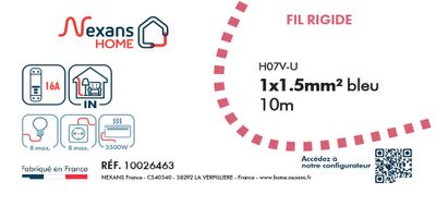 Fil électrique H07V-U 1,5 mm² rigide bleu 10 m - NEXANS