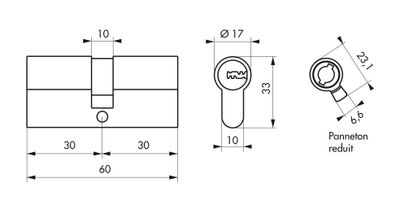 Cylindre de serrure double entrée 30 x 30 mm Trafic 6 haute sécurité nickelé 5 clés THIRARD
