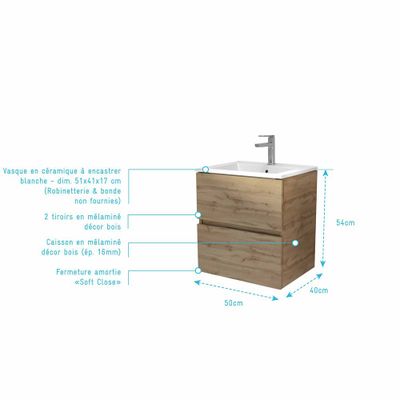 Meuble de salle de bains Timber 2 tiroirs L50 x H56 x P40 cm MDF chêne naturel vasque blanche - AURLANE