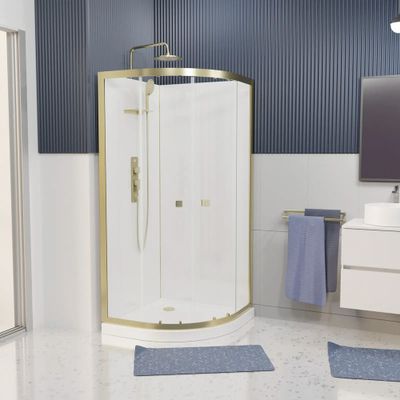 Cabine de douche 1/4 de rond profilé or brossé et receveur blanc 90x90x200 cm Goldy AURLANE