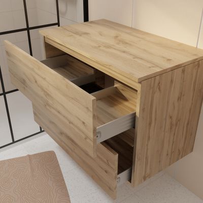 Meuble de salle de bains suspendu 2 tiroirs + plan de travail 80 cm chêne naturel Timber - AURLANE