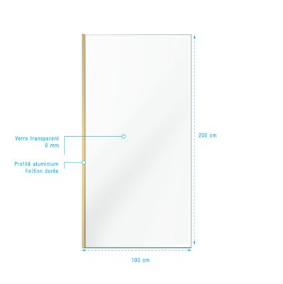 Paroi de douche à l'italienne 100x200 cm profilé or verre transparent 8 mm Parma - AURLANE