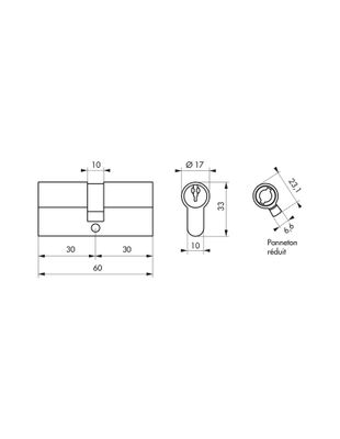 Cylindre de serrure double entrée panneton réduit 30 x 30 mm STD nickelé 3 clés THIRARD