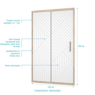 Porte de douche coulissante 120x200 cm profilé bois verre sérigraphié 6 mm Japandi - AURLANE