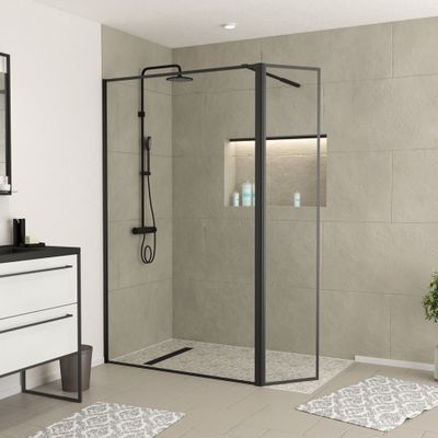 Paroi de douche à l'italienne avec déflecteur 120+40x200 cm profilé noir verre transparent 5 mm Dark Edge - AURLANE
