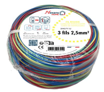 Fils électriques H07V-U 2,5 mm² rigides bleu, rouge et vert/jaune 10 m par 3 - Speedfil NEXANS