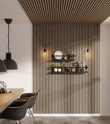 Panneau acoustique mural mdf Decowall finition chêne clair sur fond noir - 17 x 300 x 2600 mm - AJ TIMBER