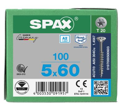 Vis inox tête fraisée T-star 5 x 60 mm par 100 SPAX