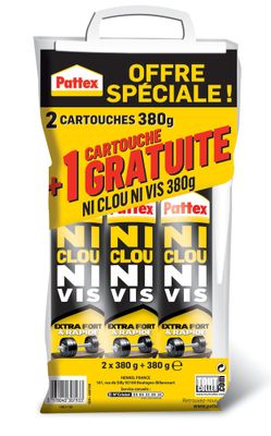 Lot de 3 cartouches colle dont 1 gratuite Ni clou Ni vis 380 g PATTEX