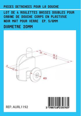Roulettes double corps noires pour portes de douche diamètre 20mm - AURLANE