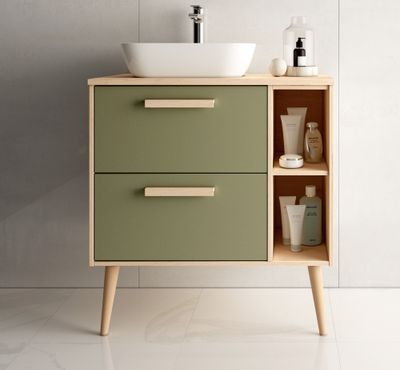 Meuble de salle de bains Malmoe 2 tiroirs 2 niches L80 x H85 x 45 cm bois mélaminé vert et bois - EGORE