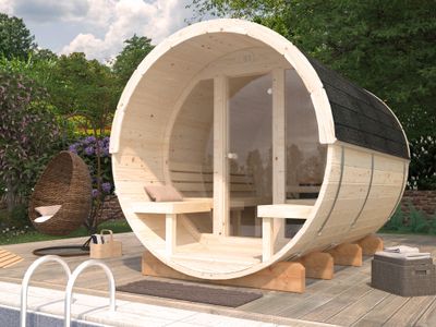 Sauna extérieur rond en bois Palmako Anita 4 places avec poêle et façade vitrée - 10,4 m² - PALMAKO