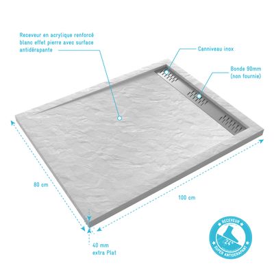 Receveur de douche 80x100 cm acrylique blanc Pedra - AURLANE