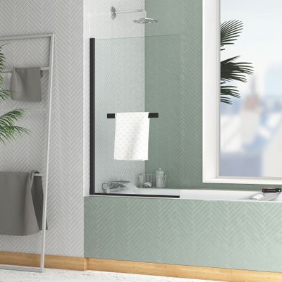 Pare-baignoire rabattable avec porte-serviette 120x70 cm profilé noir verre transparent Essentiel - AURLANE