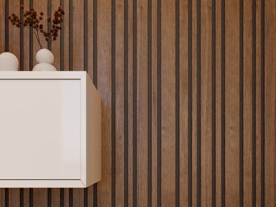 Panneau décoratif Decowall Blend noyer sur fond noir - Lot de 2 - 17 x 300 x 2600 mm - AJ TIMBER