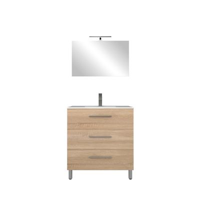 Meuble de salle de bains sur pieds bois L 80 cm 3 tiroirs avec vasque et miroir Volta