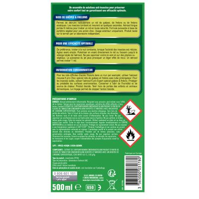 Insecticide destructeur nid de guêpes et frelons foudroyant 500ml - K-PRO VERT