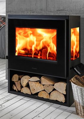 Poêle à bois sur bucher 5,9 kW JAVA trivision 7 étoiles flammes vertes - PANADERO