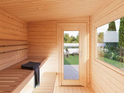 Sauna extérieur Palmako Sanna en bois naturel avec pergola - 8,9 m² - PALMAKO