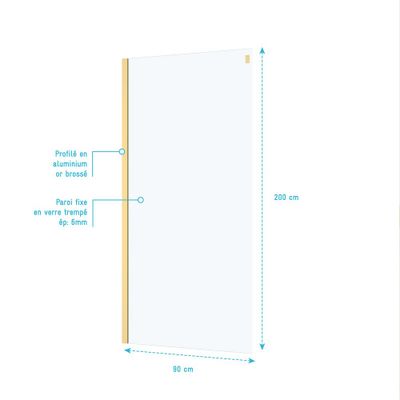 Paroi de douche latérale fixe 90x200 cm profilé or verre transparent 6 mm Rolling - AURLANE