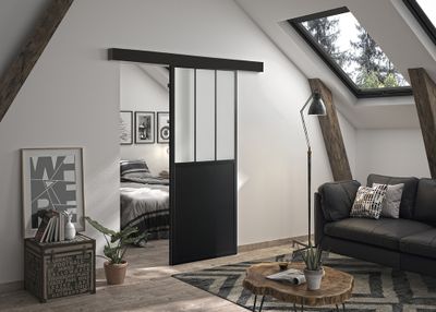 Porte coulissante noire style Atelier vitrage dépoli blanc largeur 93 cm OPTIMUM