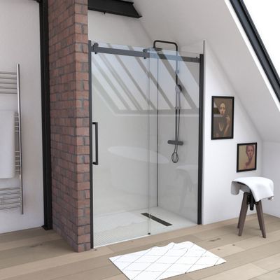 Porte de douche coulissante 120x200 cm profilé noir verre transparent 8 mm Rolling - AURLANE