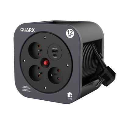 Enrouleur électrique 12m 3 prises + USB-A + USB-C - QUARX