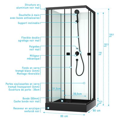 Cabine de douche profilé noir mat et receveur noir 80x80x200 cm Essentiel AURLANE