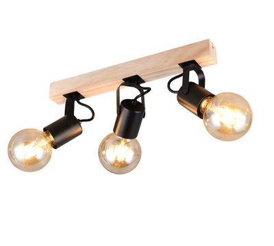 Réglette 3 spots E27 Lynar noir et bois 3x10W - REALITY