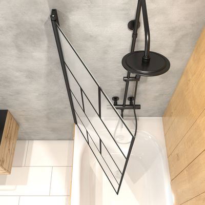 Pare-baignoire rabattable 125x75 cm profilé noir verre sérigraphié Bricks - AURLANE