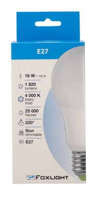 Ampoule LED standard E27 18W=1820 lumens blanc neutre FOX LIGHT