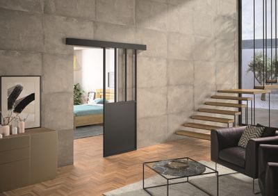 Porte coulissante aluminium noir style Atelier vitrage clair largeur 73 cm OPTIMUM