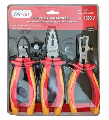 Jeu de 3 pinces isolées 1000V en acier - JP OUTILLAGE