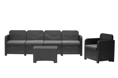 Salon de jardin VESUVIO aluminium noir résine 5 places avec coffre et coussins - GRANDSOLEIL