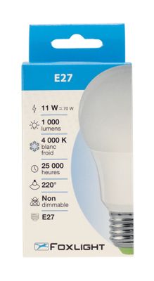 Ampoule LED standard E27 11W=1000 lumens blanc neutre FOX LIGHT