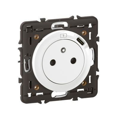 Prise électrique encastrable affleurante avec terre + USB-C Blanc - Céliane LEGRAND