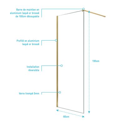 Paroi de douche à l'italienne 80x195 cm profilé or verre transparent 5 mm Essentiel Gold - AURLANE
