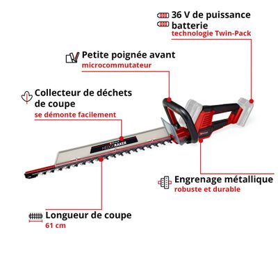 Taille haie à batterie 36 V lame 61 cm GE-CH 36/61 Li (2x4,0Ah) EINHELL