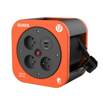 Enrouleur électrique 12m 3 prises + USB-A + USB-C orange - SBOX
