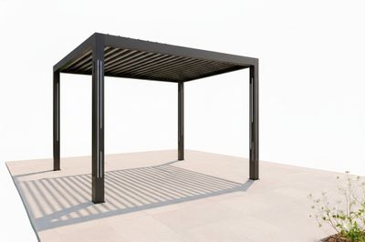 Pergola bioclimatique en aluminium gris anthracite + 4 poteaux solaires design Lignes  11,90 m², Livraison à domicile incluse - HABRITA