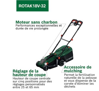 Tondeuse de jardin à batterie 18 V ROTAK largeur de coupe 32 cm BOSCH