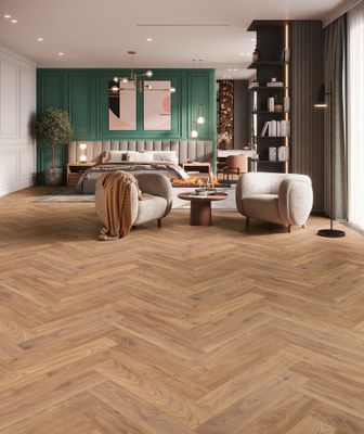 Sol stratifié bâton rompu décor chêne K450 FIREBRAND ép 8 mm 12,6 x 63 cm AC5 compatible pièce humide paquet de 0,87 m² AJ TIMBER