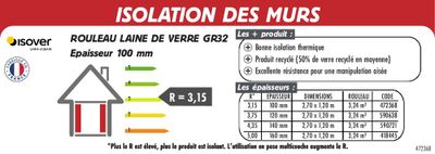 Rouleau de laine de verre GR32 pour mur - Épaisseur 100 mm - l.1,20 x 2,7 m ISOVER
