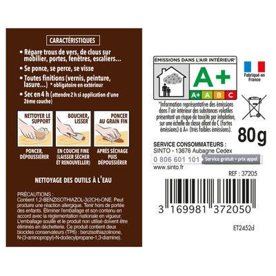 Pâte à bois à l'eau pour petits trous et fissures meurisier 80gr SINTOBOIS