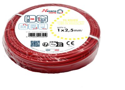 Fil électrique H07V-U 2,5 mm² rigide rouge 25 m - NEXANS