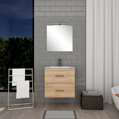 Meuble de salle de bains suspendu bois L 60 cm 2 tiroirs avec vasque et miroir Volta
