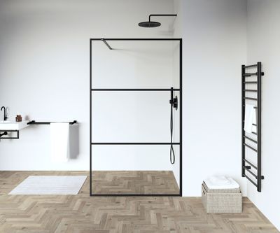 Paroi de douche à l'italienne 140x205 cm profilé noir verre transparent 6 mm Indus - OCEA