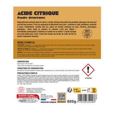 Acide citrique poudre Ecocert 800g SPADO ORIGINES