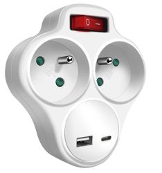 Gefotech Biplite 16A + Terre Avec Interrupteur - Multiprise Double Avec Coupe-Veille Blanc