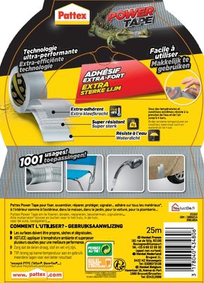 Ruban adhésif de réparation Power Tape gris 25 m x 50 mm - PATTEX